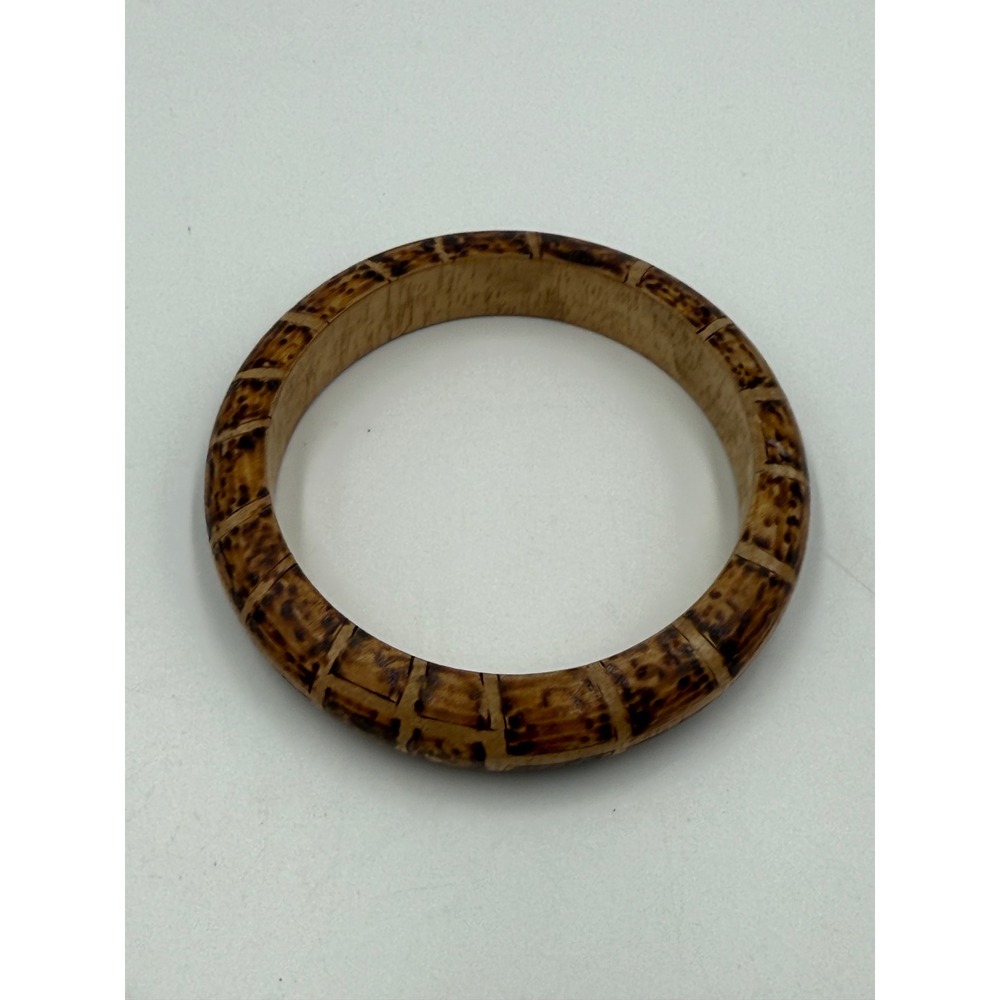 Vintage Natural Wood Bangle Bracelet Brown Checkered Burnt Pattern Boho Ethnic